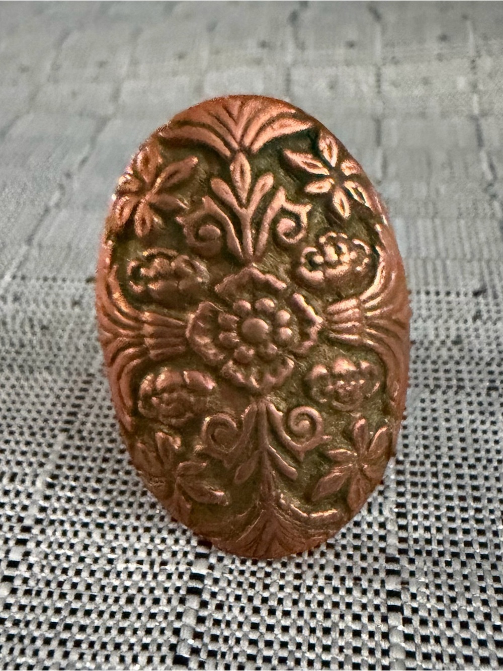 Ornate Floral Embossed Copper-Tone Oval Statement Ring